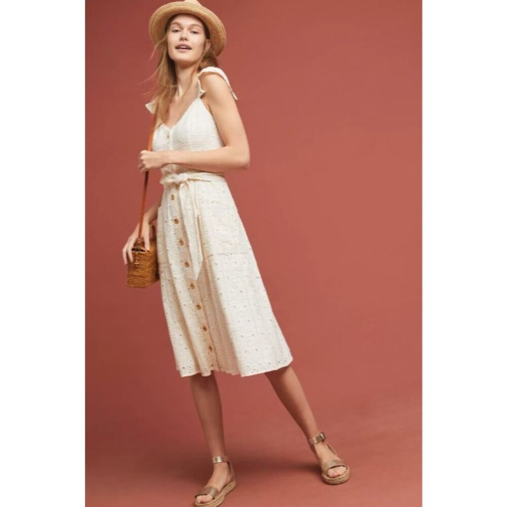 Anthropologie Concerto Ivory Eyelet Midi Dress Cottagecore Boho Country 2 US